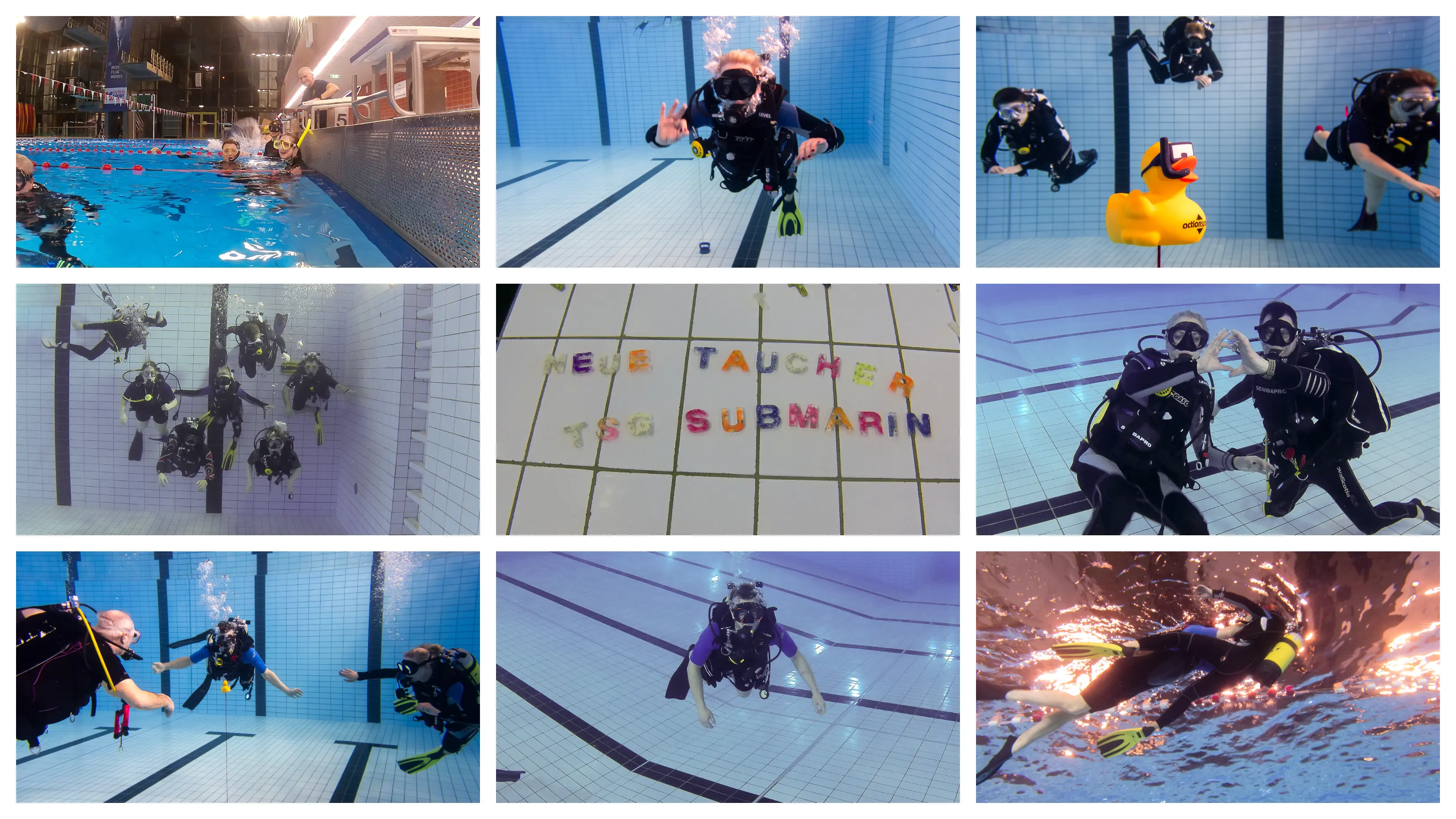 Collage zum diesjährigen Grundtauchschein mit Bildern von Tauchenden und Schwimmenden